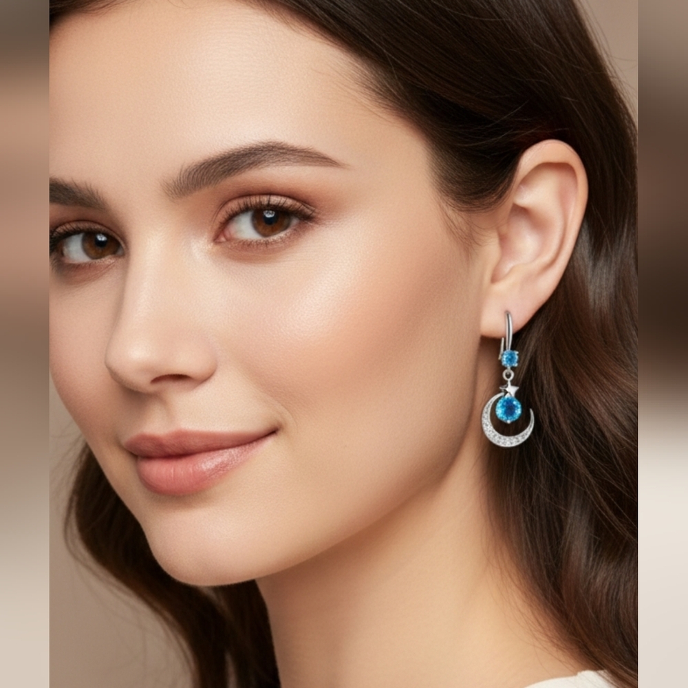 Star and Crescent Moon Earrings with Blue Gemstones